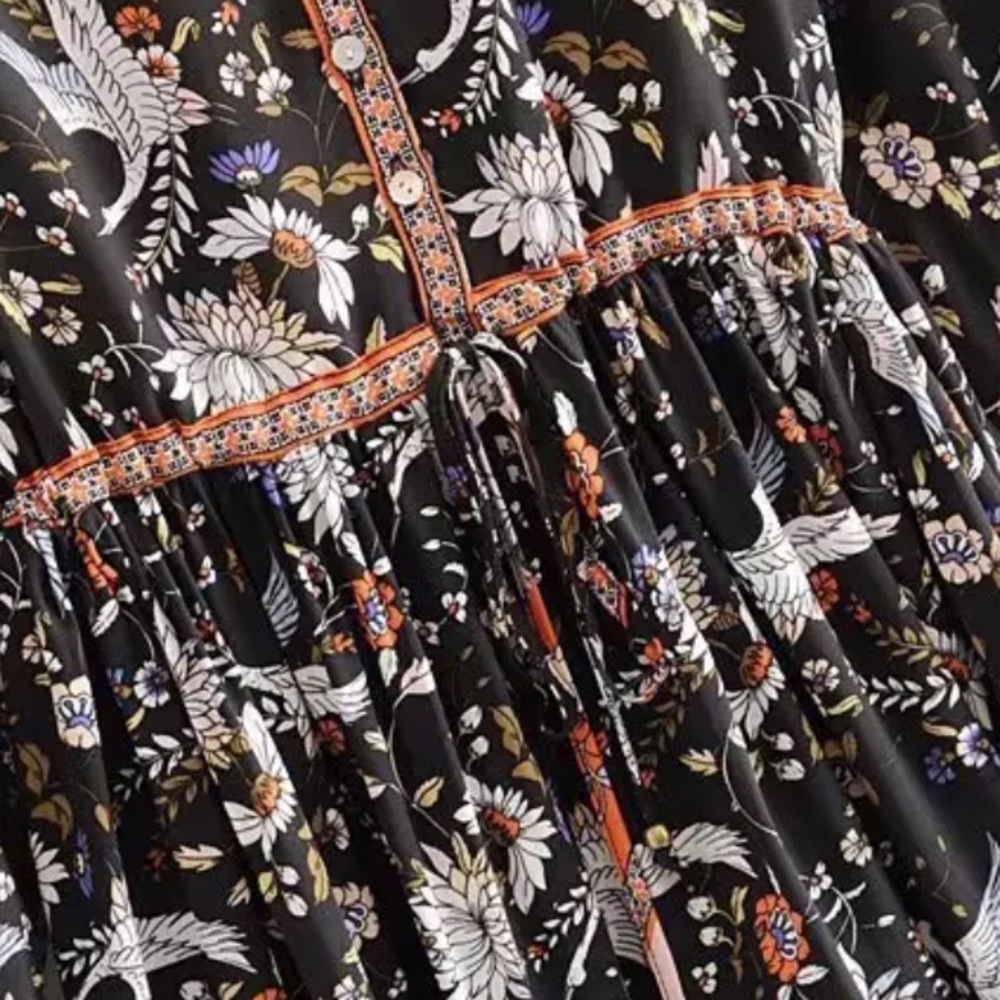 Boho Floral Crane Gypsy Print Dress Black Orange - Picture 7 of 13